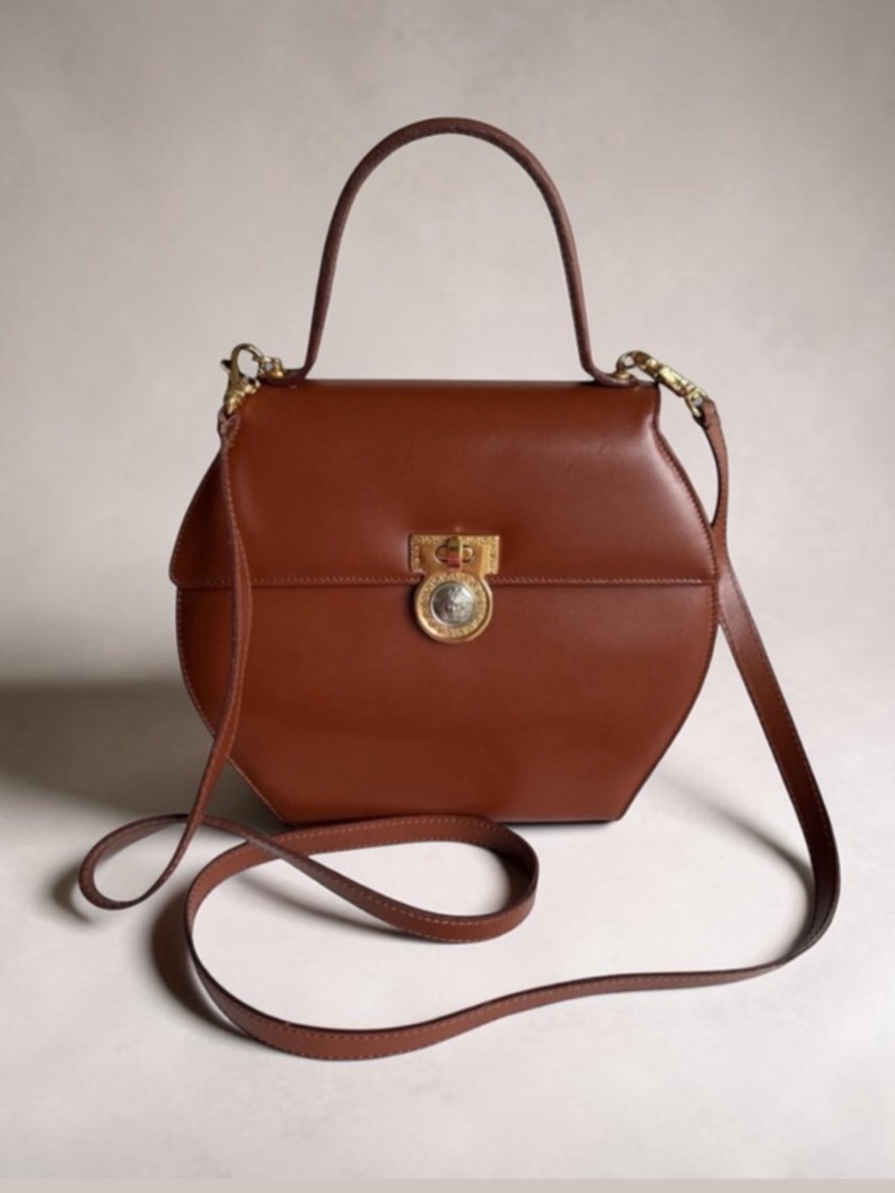 Gianni Versace Brown Leather Medusa Top Handle Crossbody Bag Italy Vintage 90s